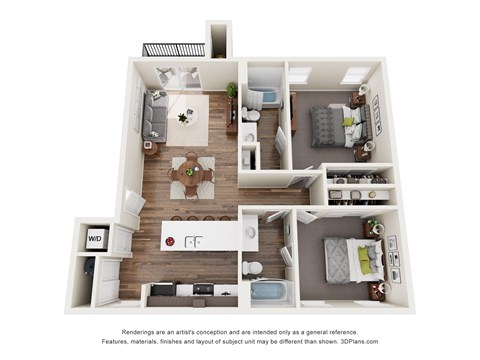 Floor plan for 2 beds, 2 baths, 970 sqft